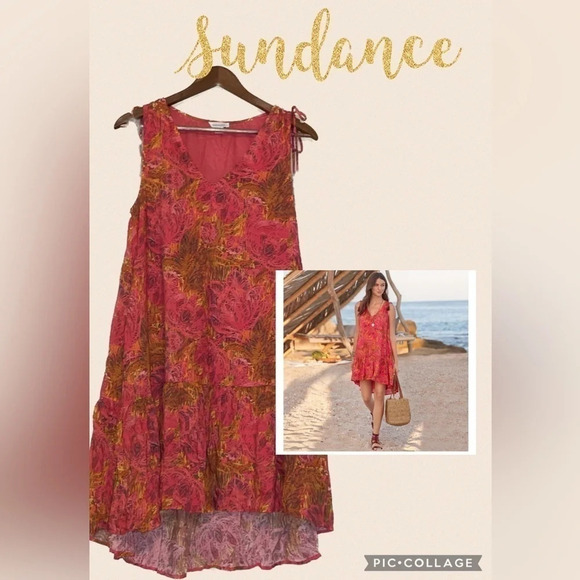 Sundance womens dress Medium 8 10 midi vneck drop waist ruffle asymmetrical pink - Picture 2 of 8